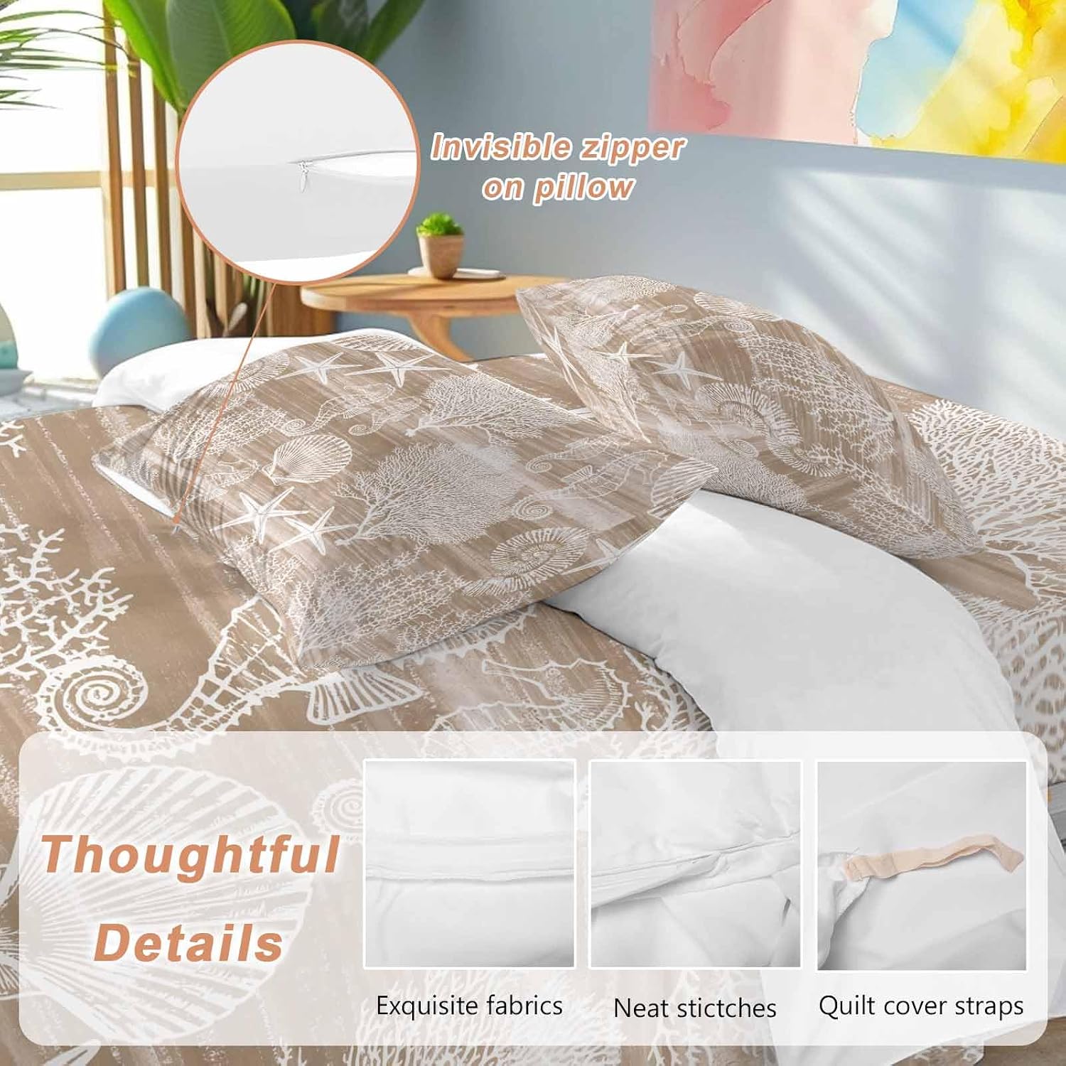 Prime Leader Brown Coastal Duvet Cover Set Queen Size 4 Pieces Nautical Starfish Seahorse Coral Summer Bedding Set with Zipper Closure, 1 Comforter Cover 92x106 Inches 1 Flat Sheet & 2 Pillow Cases