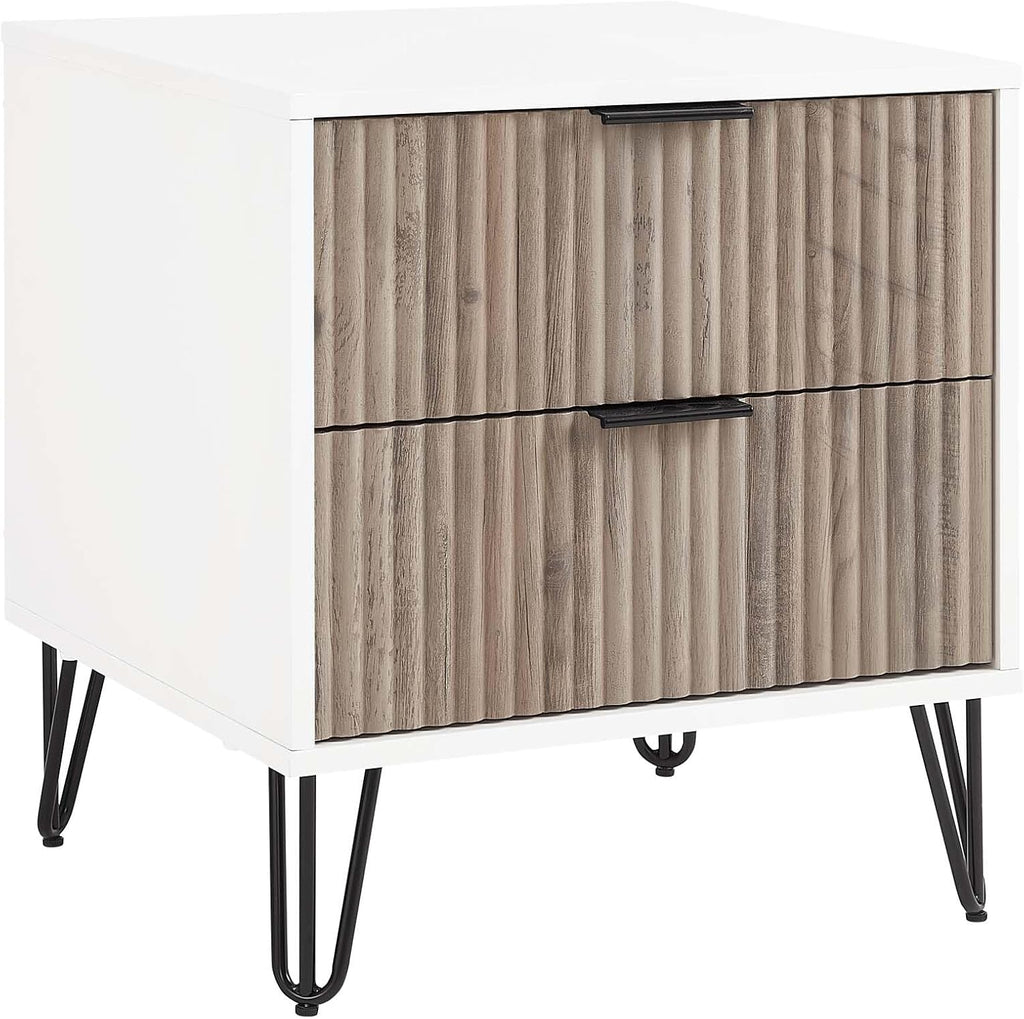Manhattan Comfort Dumbo Fluted Nightstand with 2 Drawers, Gold Metal Legs and Metal Handles, Tool-Free Assembly Modern Bedside Accent Table with Storage for Bedroom, Living Room in White & Rustic Grey