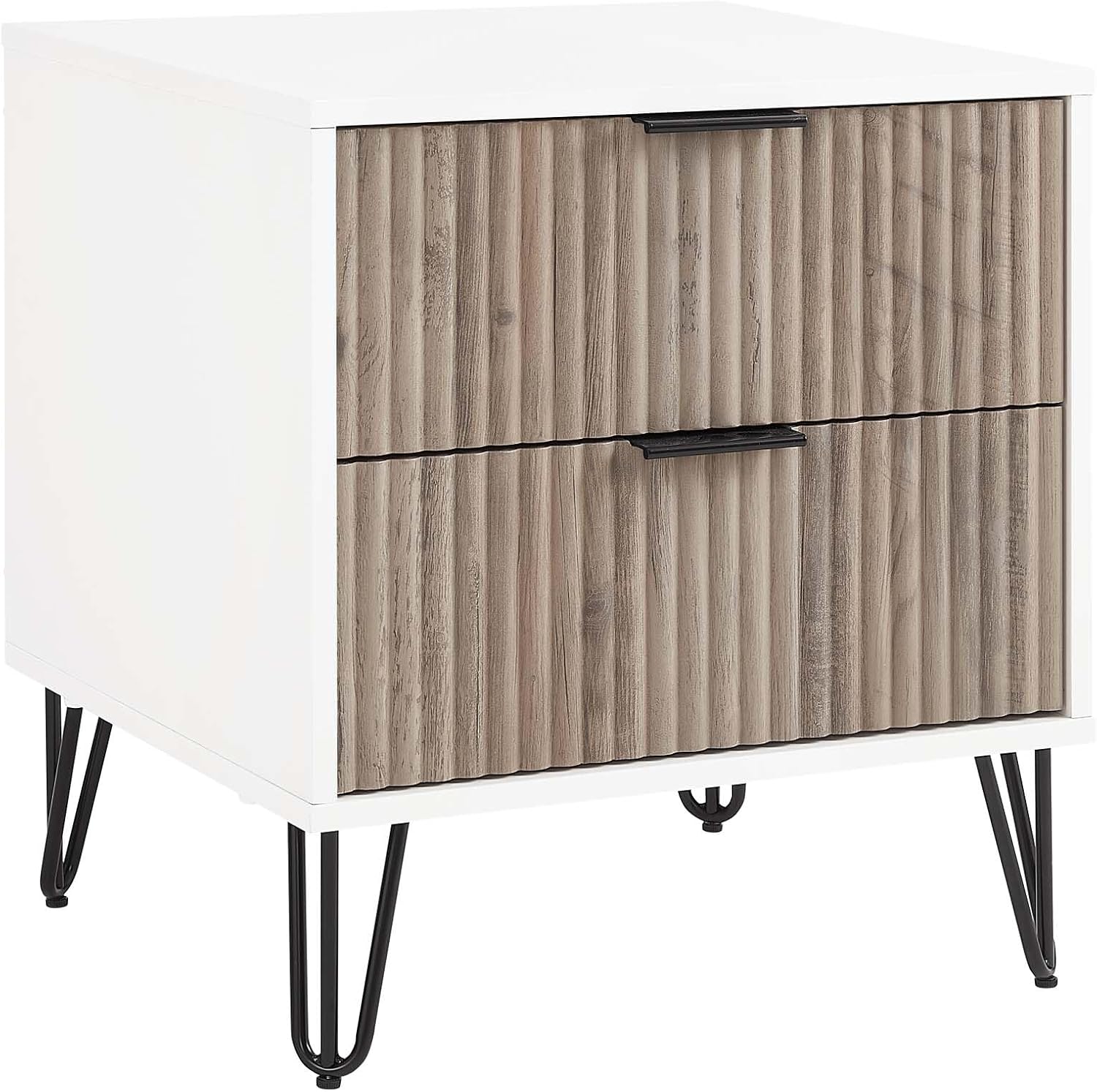 Manhattan Comfort Dumbo Fluted Nightstand with 2 Drawers, Gold Metal Legs and Metal Handles, Tool-Free Assembly Modern Bedside Accent Table with Storage for Bedroom, Living Room in White & Rustic Grey