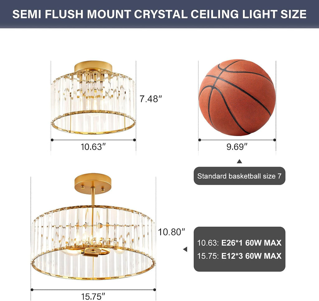 Modern Gold Semi Flush Mount Ceiling Light Crystal 3-Light Light Fixture 15.75 Inch Kitchen Ceiling Lighting for Living Room Bedroom Dining Room Bathroom Entryway (Bulb Not Included)