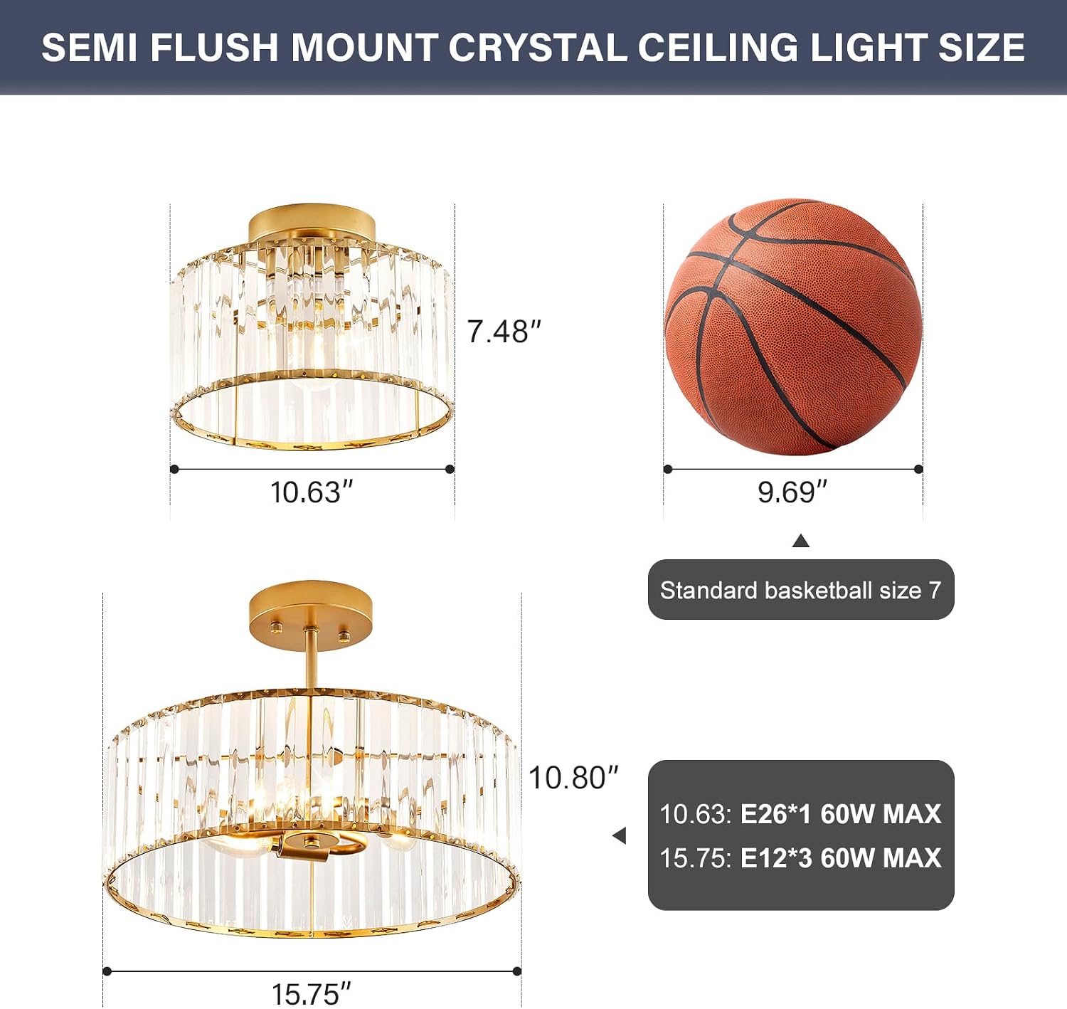 Modern Gold Semi Flush Mount Ceiling Light Crystal 3-Light Light Fixture 15.75 Inch Kitchen Ceiling Lighting for Living Room Bedroom Dining Room Bathroom Entryway (Bulb Not Included)