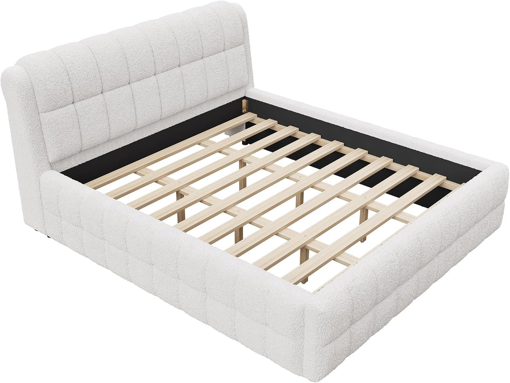 GDFStudio California King Size Upholstered Platform Bed, Boucle Bed Frame with Foam Headboard, Wood Slat Support for King Mattress, Modern Platform Bed for Master Bedroom, No Box Spring Needed, White