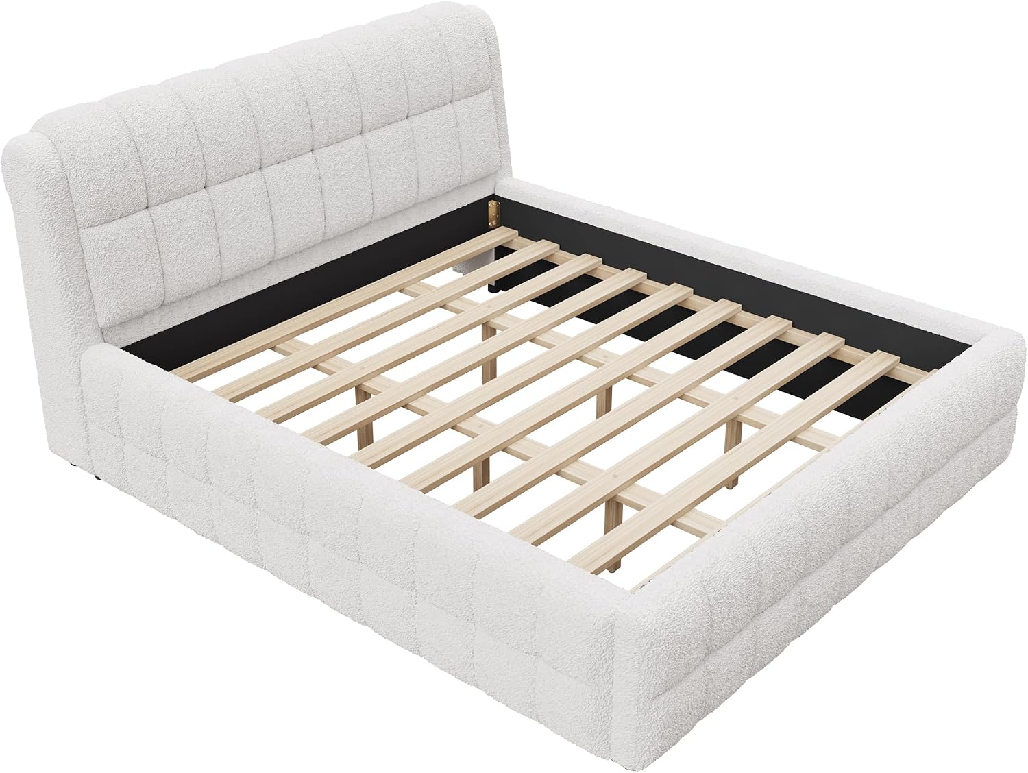 GDFStudio California King Size Upholstered Platform Bed, Boucle Bed Frame with Foam Headboard, Wood Slat Support for King Mattress, Modern Platform Bed for Master Bedroom, No Box Spring Needed, White