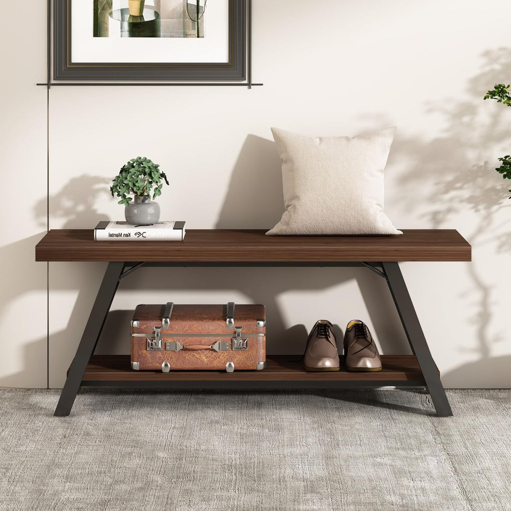 LVB Wood Entryway Bench, Industrial Metal Indoor Shoe Rack, Wooden Storage Bench for Bedroom, Farmhouse Hallway Seating, Walnut, 47 Inch