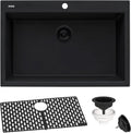 Ruvati 27 x 20 inch Drop-in Topmount Granite Composite Quartz Single Bowl Kitchen Sink - Midnight Black - RVG1027BK