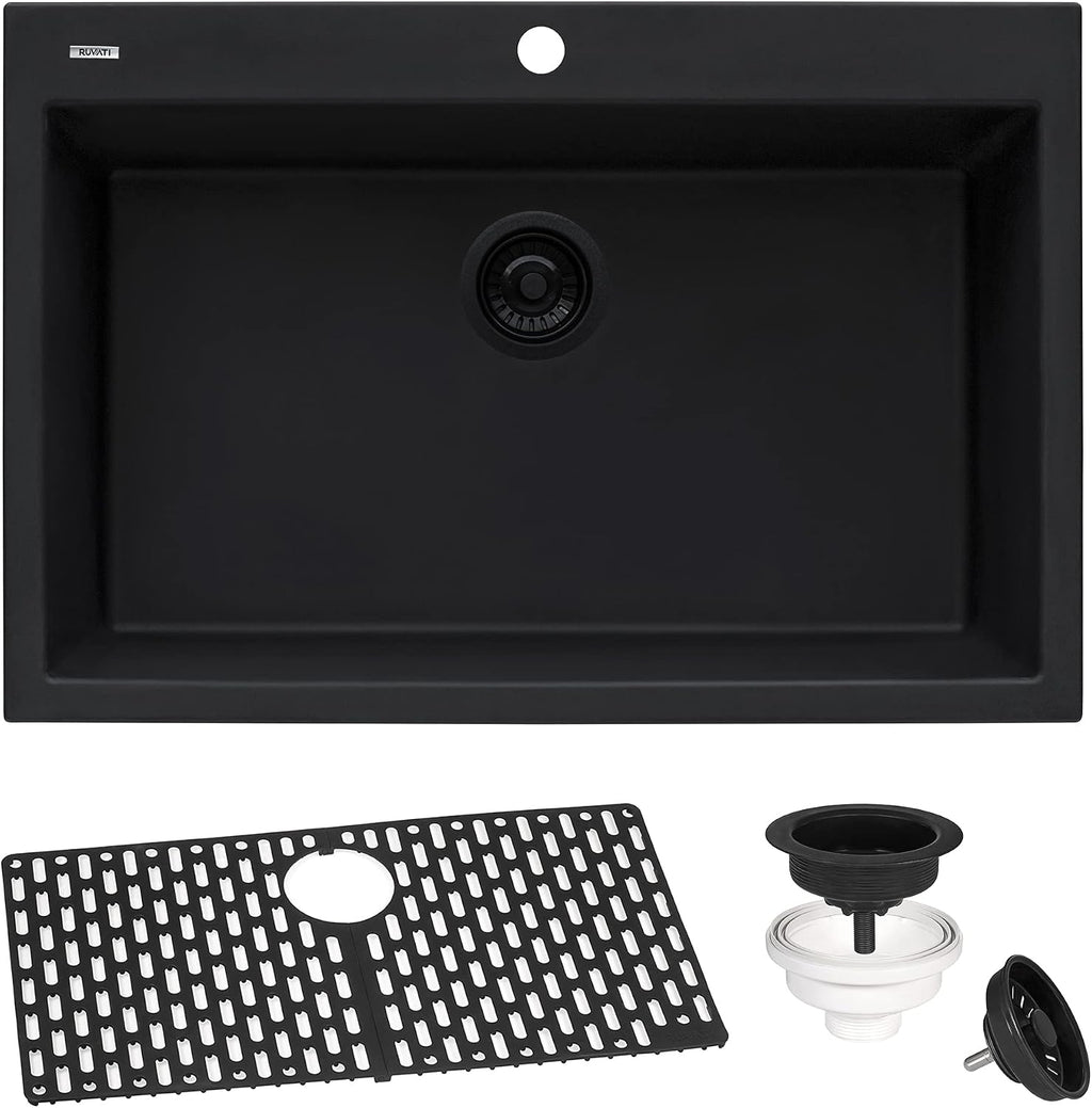 Ruvati 30 x 20 inch epiGranite Drop-in Topmount Granite Composite Quartz Single Bowl Kitchen Sink - Midnight Black - RVG1030BK