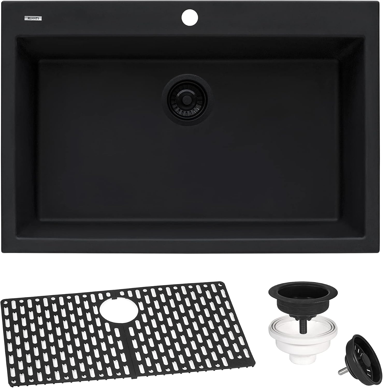 Ruvati 30 x 20 inch epiGranite Drop-in Topmount Granite Composite Quartz Single Bowl Kitchen Sink - Midnight Black - RVG1030BK