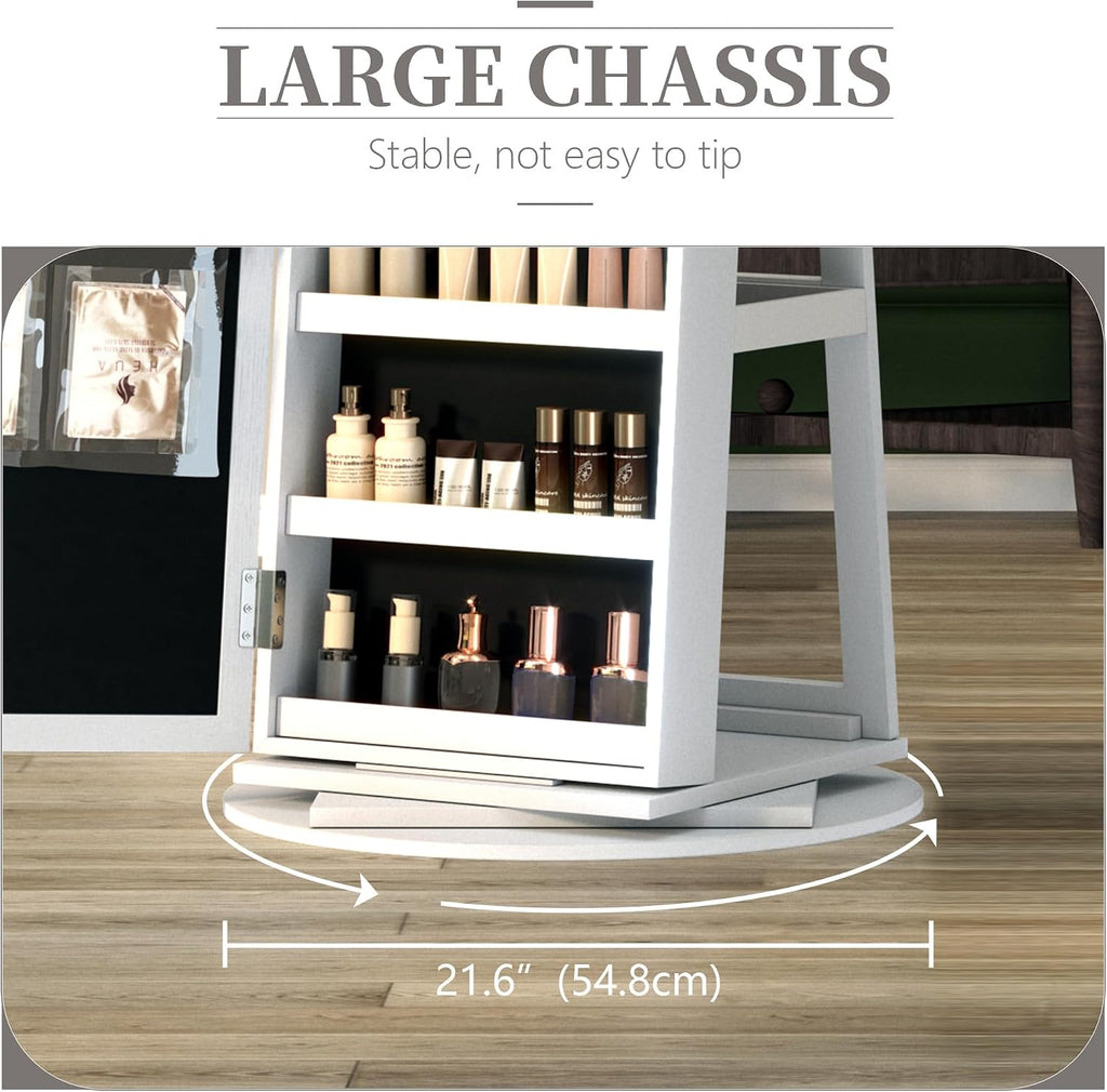 LVSOMT Mirror Jewelry Cabinet Standing, 360° Swivel Jewelry Armoire with 6 LED Lights and Interior Mirror, Full Length Mirror with Storage, Standing Lockable Jewelry Organizer, White