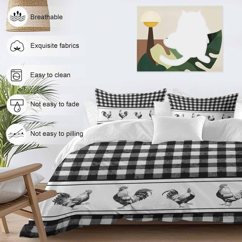 Prime Leader Vintage Black Plaid Duvet Cover Set Queen Size 4 Pieces Farm Cock Chicken Animal Watercolor Bedding Set with Zipper Closure, 1 Comforter Cover 92x106 Inches 1 Flat Sheet & 2 Pillow Cases