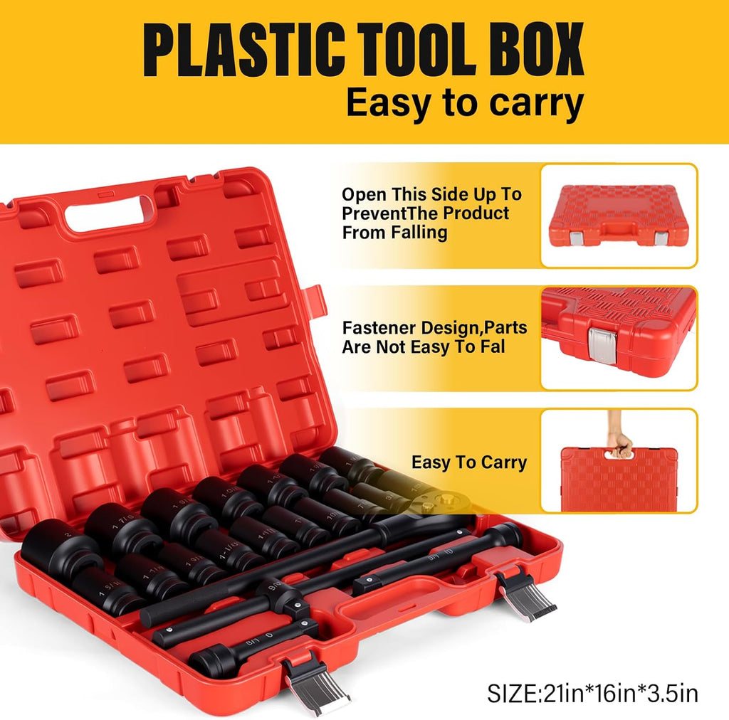 3/4' Drive Impact Socket Set,21-Piece SAE (3/4 to 2 Inch) Sizes with Ratchet handle (24 tooth) Sliding T-head Breaker Bar,Drive Extensions,6-Point,Cr-Mo Alloy Steel,Heavy Duty Storage Case
