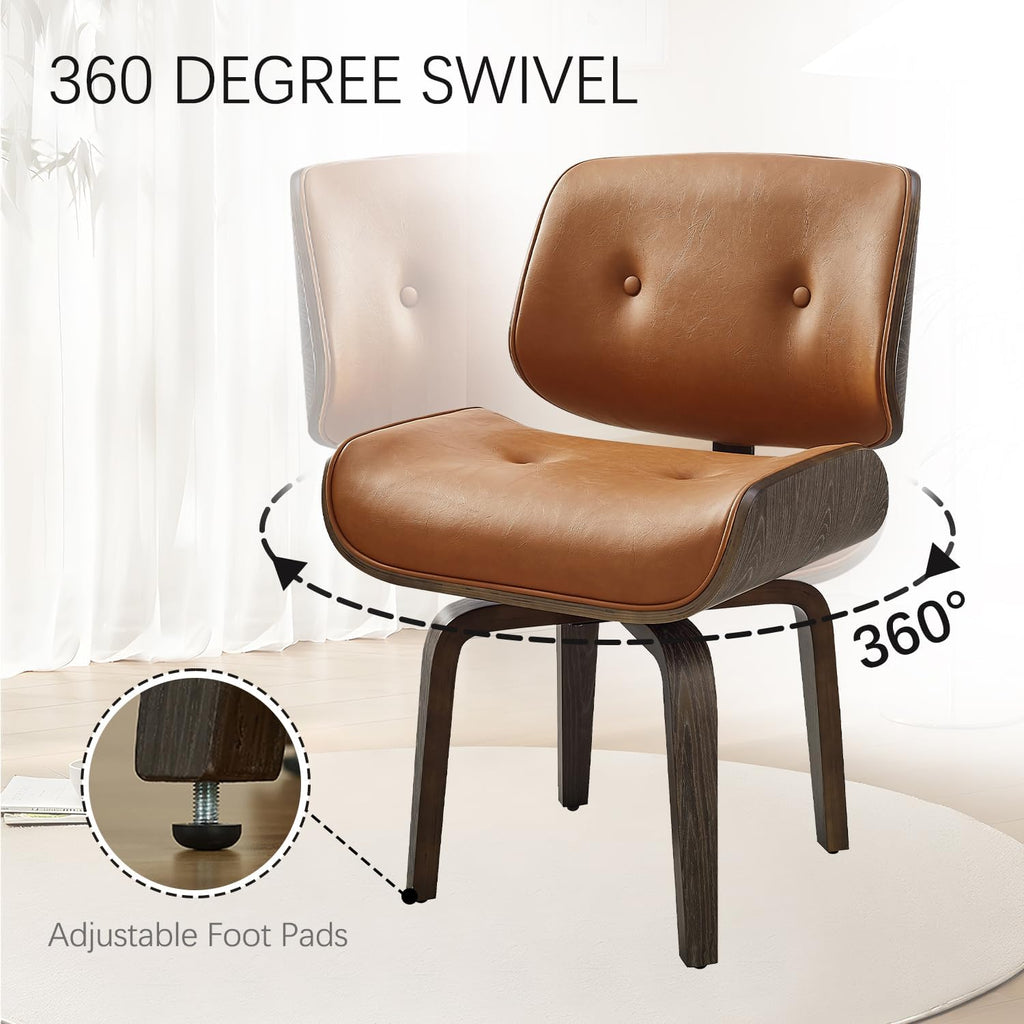 Zouron Swivel Dining Chairs Set of 2, Mid Century Modern Upholstered Faux Leather Chair with Black Oak Bentwood and Wood Legs for Kitchen Dining Room, Thickened Cushion, Button Brown