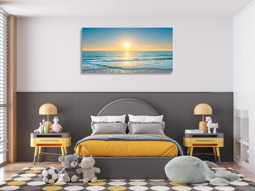Wall Art Canvas Painting Blue Sea Beautiful Seascape 1 Piece Ocean Sunset Waves Picture Poster Print Framed Ready to Hang for Living Room Bedroom Artework 71x36inch