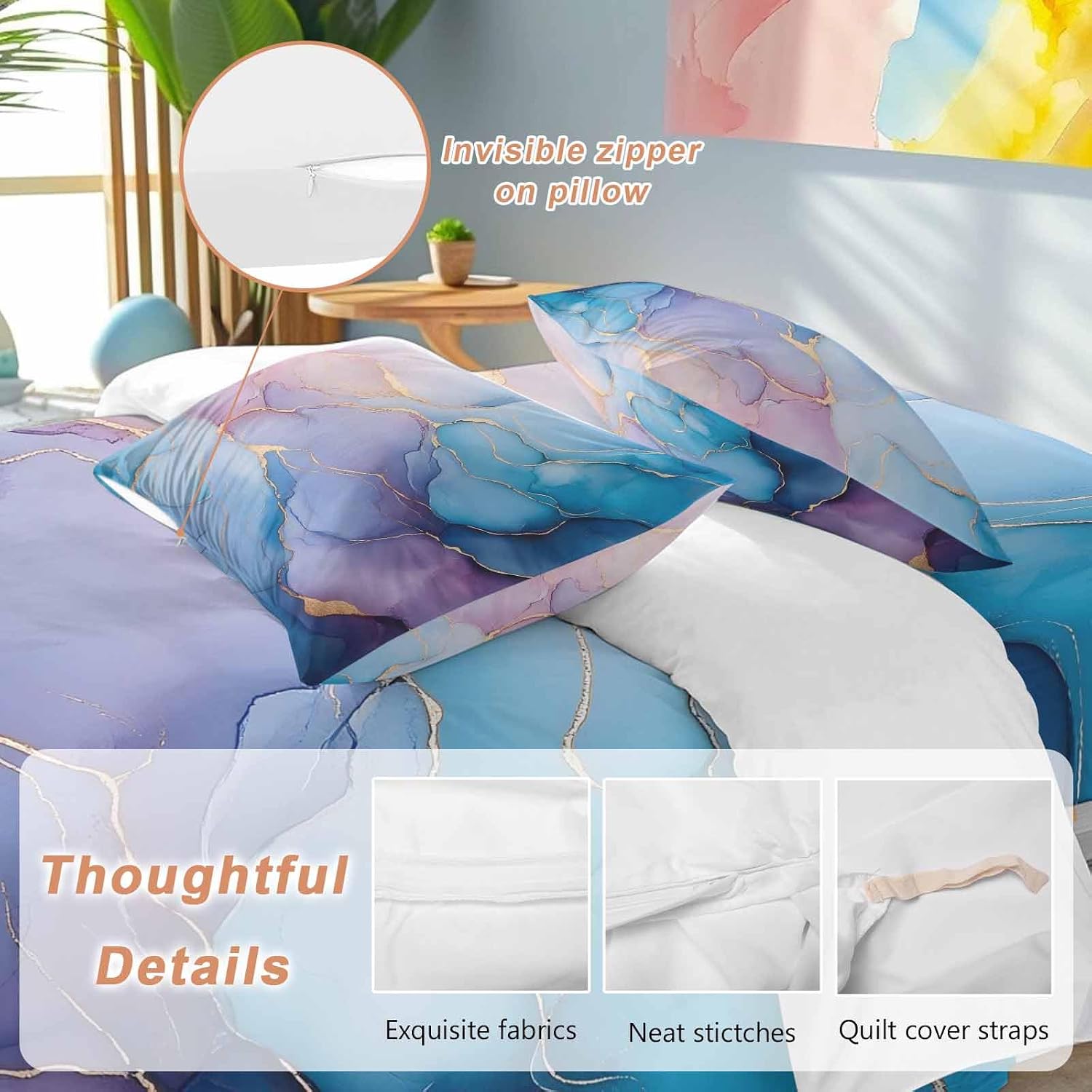 Prime Leader Abstract Impressionist Duvet Cover Set Queen Size 4 Pieces Blue Marble Texture Bedding Set with Zipper Closure, 1 Comforter Cover 92x106 Inches 1 Flat Sheet & 2 Pillow Cases