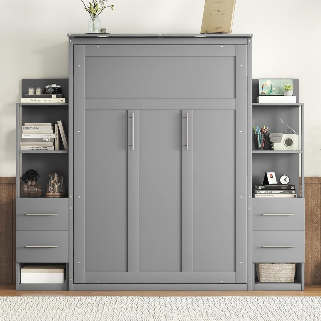MERITLINE Queen Murphy Bed with Storage Shelves,Bookcase,Drawers & LED Lights,Wood Murphy Wall Bed Cabinet for Adults