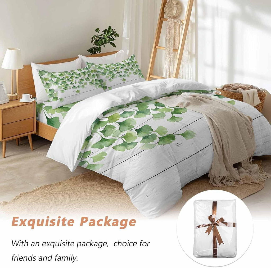 Summer Botanical Duvet Cover Set Queen Size 4 Pieces Watercolor Gradient Green Leaves White Wood Grain Bedding Set with Zipper Closure, 1 Comforter Cover 92x106 Inches 1 Flat Sheet & 2 Pillow Cases
