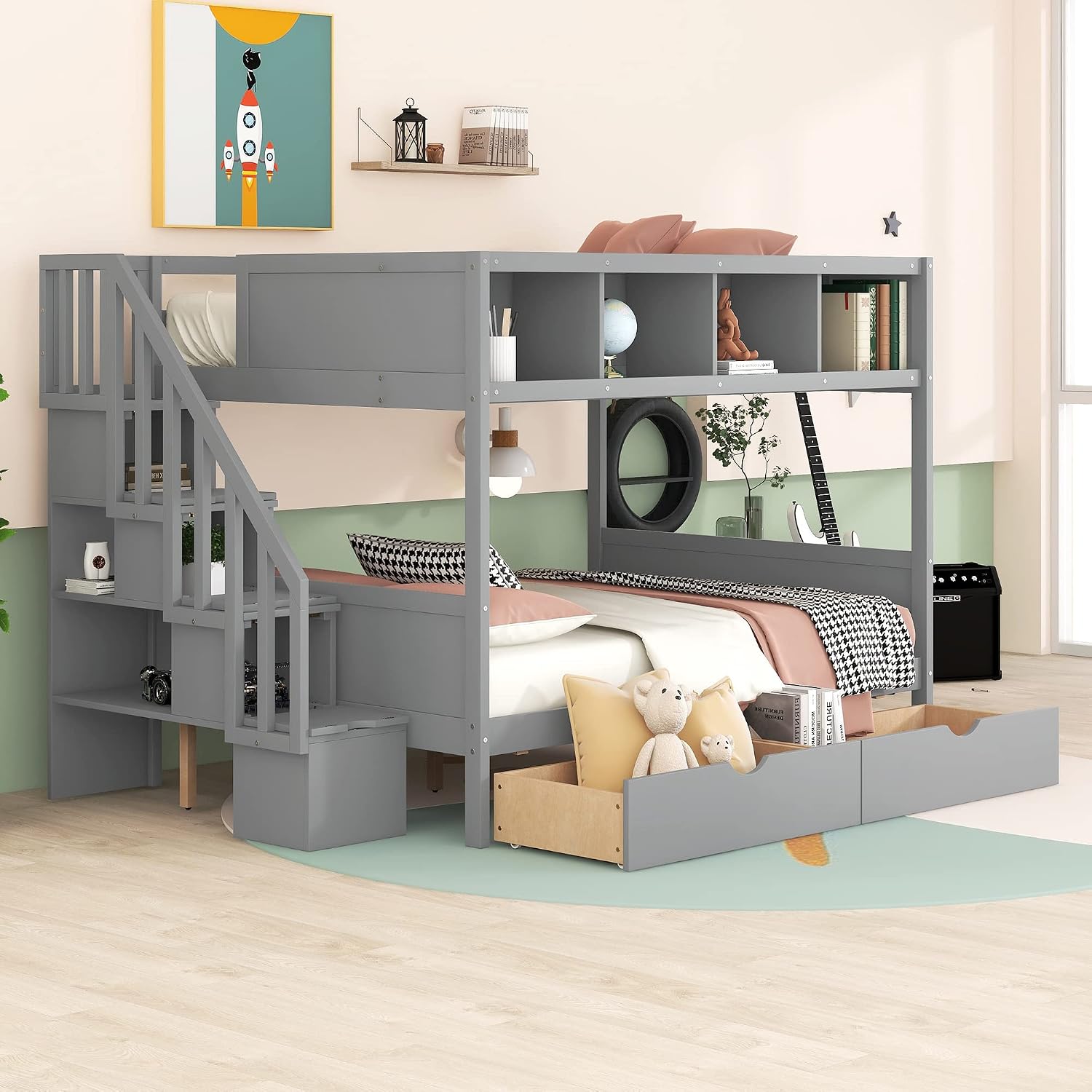 Twin Over Full Bunk Bed with Shelfs,Storage Staircase and 2 Drawers,Bedroom Solid Wood Bed Frame w/Full-Length Guardrail,Slat Support,for Kid Boy Girl Teen,Gray
