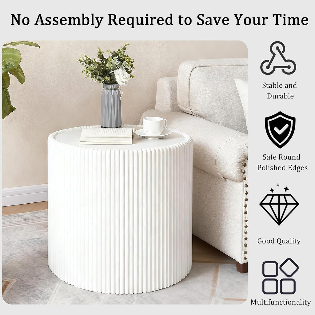 Round Coffee Table Set, 29.52' White Drum Center Table and 17.71' White Coffee Table Set, 2 Pieces Living Room Table Set with Sintered Stone Tabletop,Fluted PU Leather Covered and Stable Base