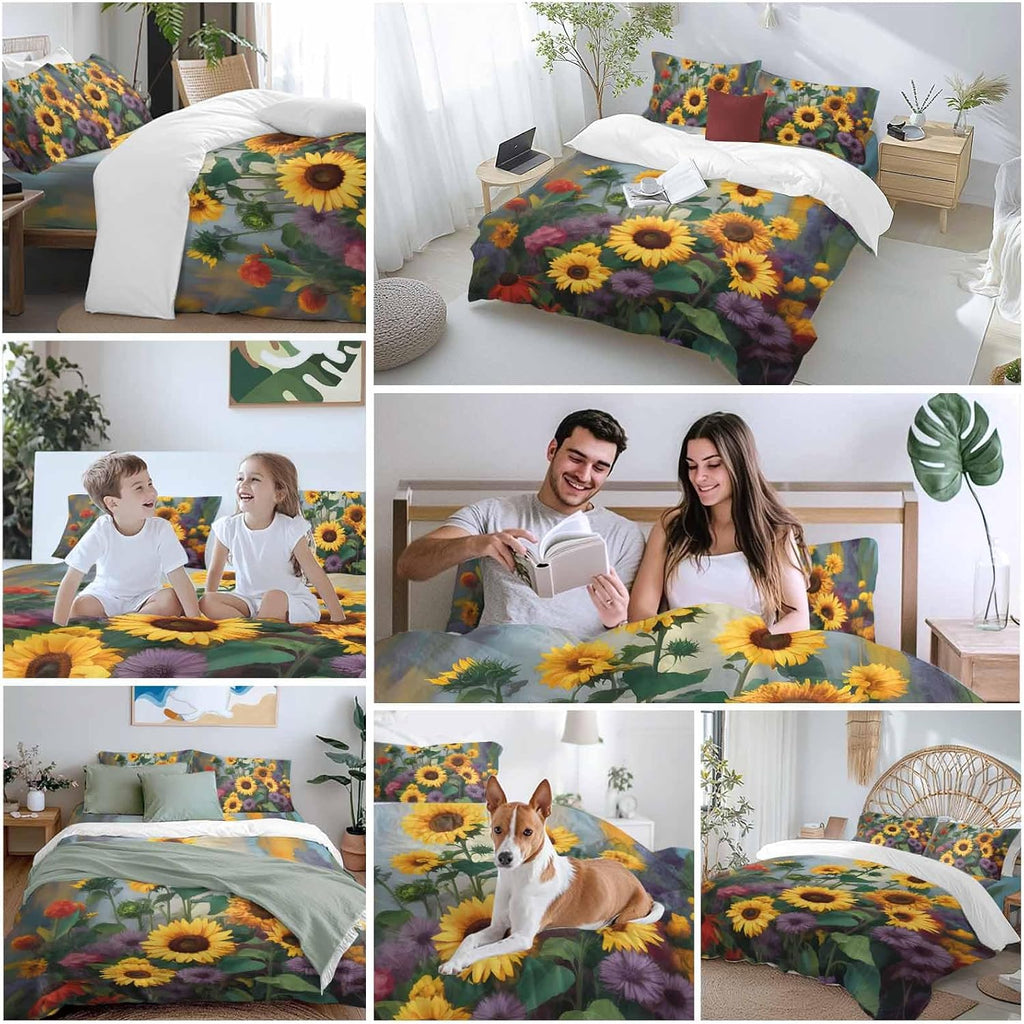 Spring Florals Duvet Cover Set Queen Size 4 Pieces Watercolor Sunflowers Country Green Leaves Bedding Set with Zipper Closure, 1 Comforter Cover 92x106 Inches 1 Flat Sheet & 2 Pillow Cases