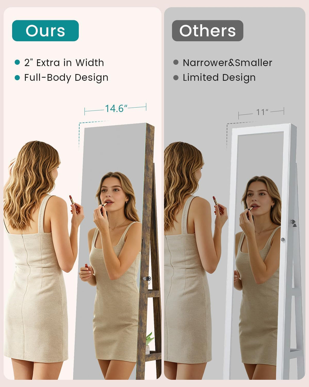 Vlsrka Mirror Jewelry Cabinet Standing, Lockable Full Length Mirror with Storage, Rotatable Jewelry Armoire with Adjustable Lights, Jewelry Armoire Organizer for Bedroom Cloakroom, Rustic Brown