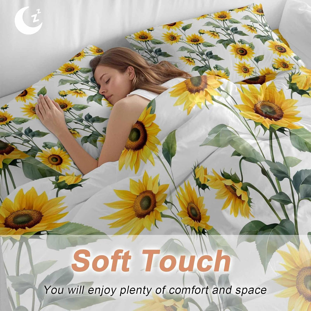 Prime Leader Summer Sunflowers Duvet Cover Set Queen Size 4 Pieces Watercolor Floral White Bedding Set with Zipper Closure, 1 Comforter Cover 92x106 Inches 1 Flat Sheet & 2 Pillow Cases