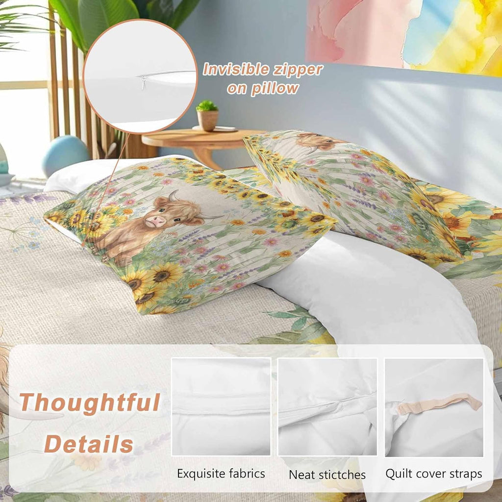 Farm Highland Cattle Duvet Cover Set Queen Size 4 Pieces Farmhouse Sunflower Cow Fence Linen Texture Bedding Set with Zipper Closure, 1 Comforter Cover 92x106 Inches 1 Flat Sheet & 2 Pillow Cases