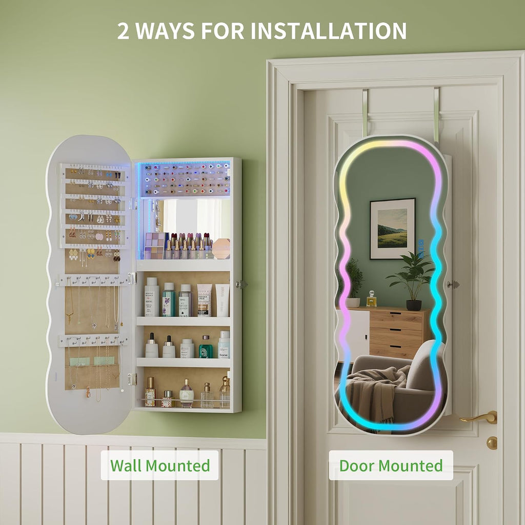 HNEBC LED Mirror Jewelry Cabinet with RGB Lights,42.5' Wall Mounted Jewelry Organizer with Full-Length Mirror,Over The Door Hanging Jewelry Armoire Storage Cabinet,Lockable,Wide Wavy Mirror
