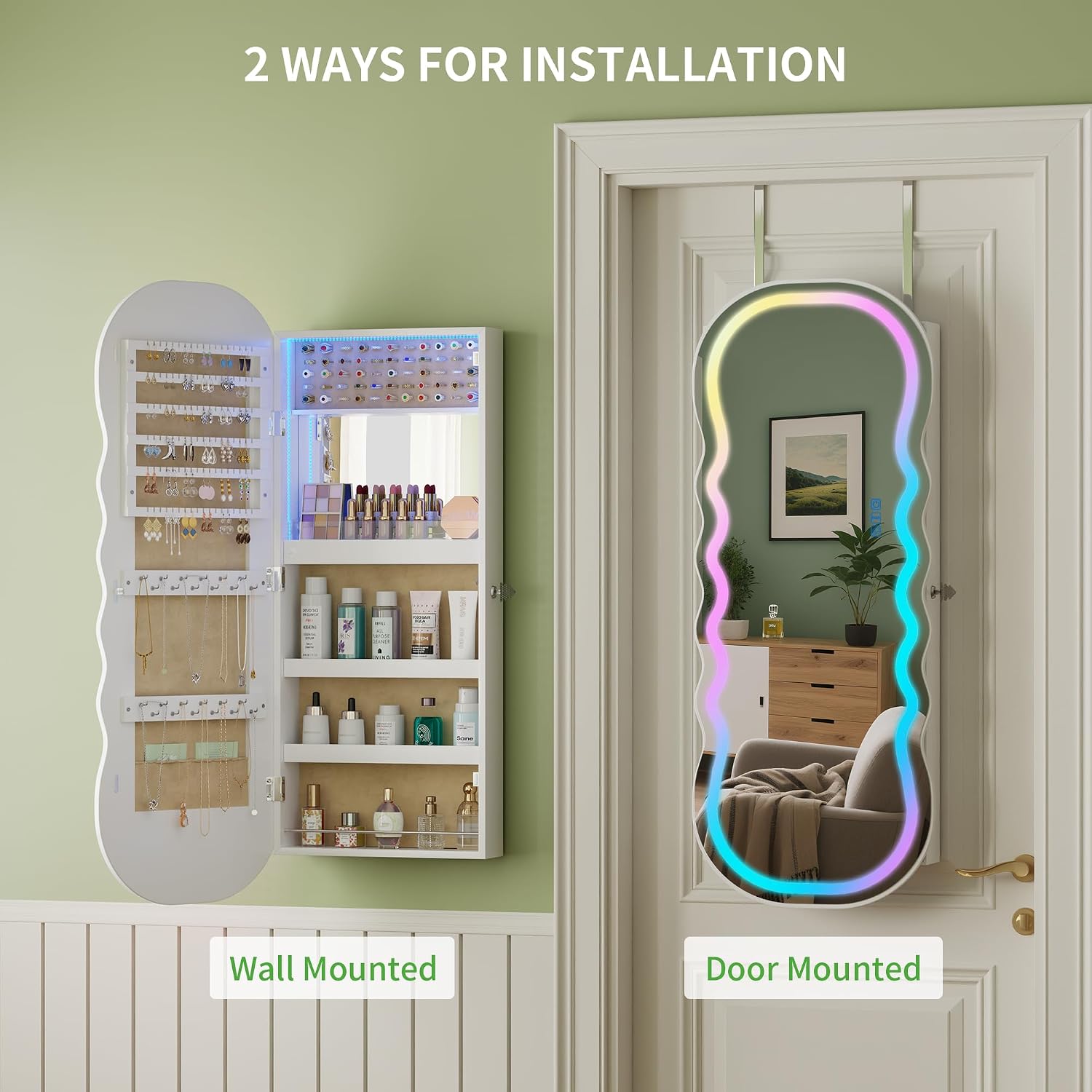 HNEBC LED Mirror Jewelry Cabinet with RGB Lights,42.5' Wall Mounted Jewelry Organizer with Full-Length Mirror,Over The Door Hanging Jewelry Armoire Storage Cabinet,Lockable,Wide Wavy Mirror