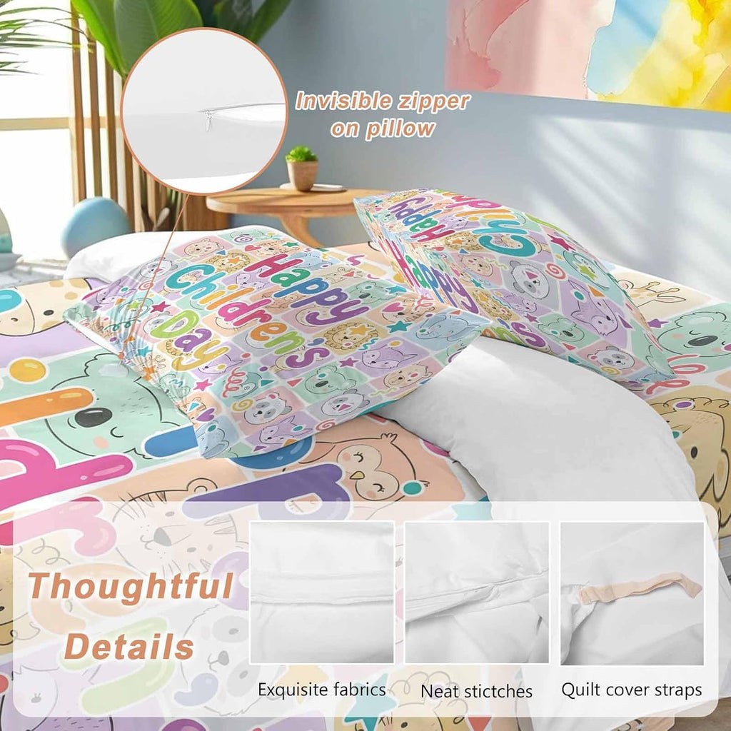 Happy Children's Day Duvet Cover Set Queen 4 Pieces Cartoon Animal Tigers Koalas Elephant Lions Foxes Plaid Bedding Set with Zipper Closure,1 Comforter Cover 92x106 Inch 1 Flat Sheet&2 Pillow Cases