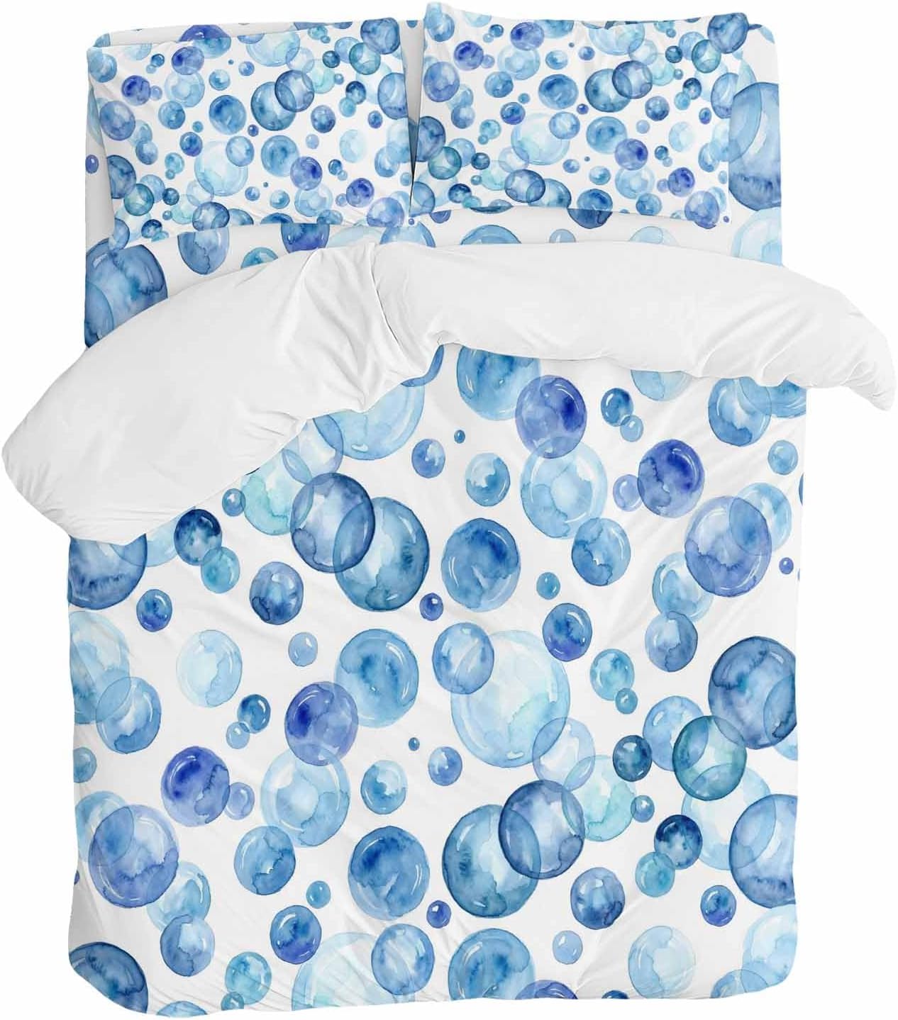 Prime Leader Blue Bubbles Duvet Cover Set Queen Size 4 Pieces Watercolor Gradient Bubble Summer Ocean Bedding Set with Zipper Closure, 1 Comforter Cover 90x92 Inches 1 Flat Sheet & 2 Pillow Cases