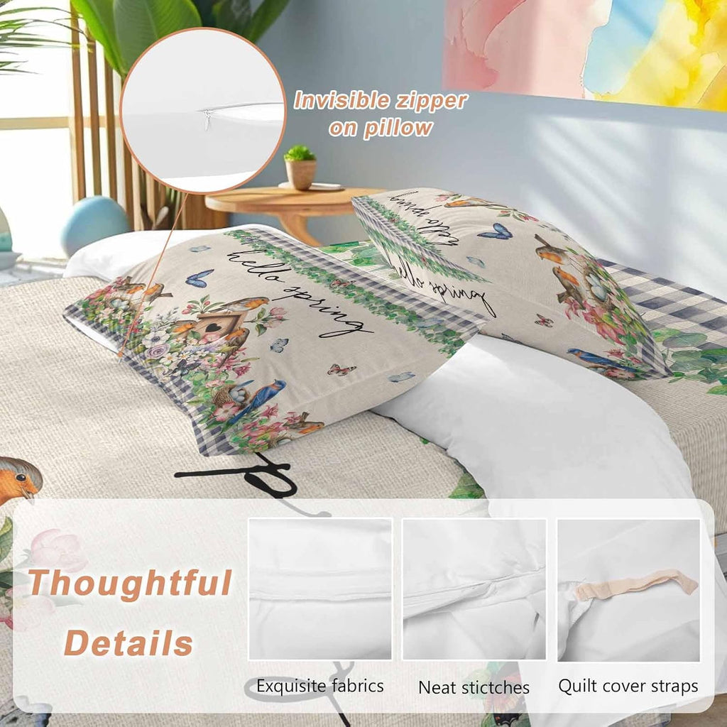 Hello Spring Duvet Cover Set Queen Size 4 Pieces Bird Pink White Flowers Butterflies Vintage Linen Texture Bedding Set with Zipper Closure,1 Comforter Cover 92x106 Inches 1 Flat Sheet & 2 Pillow Cases