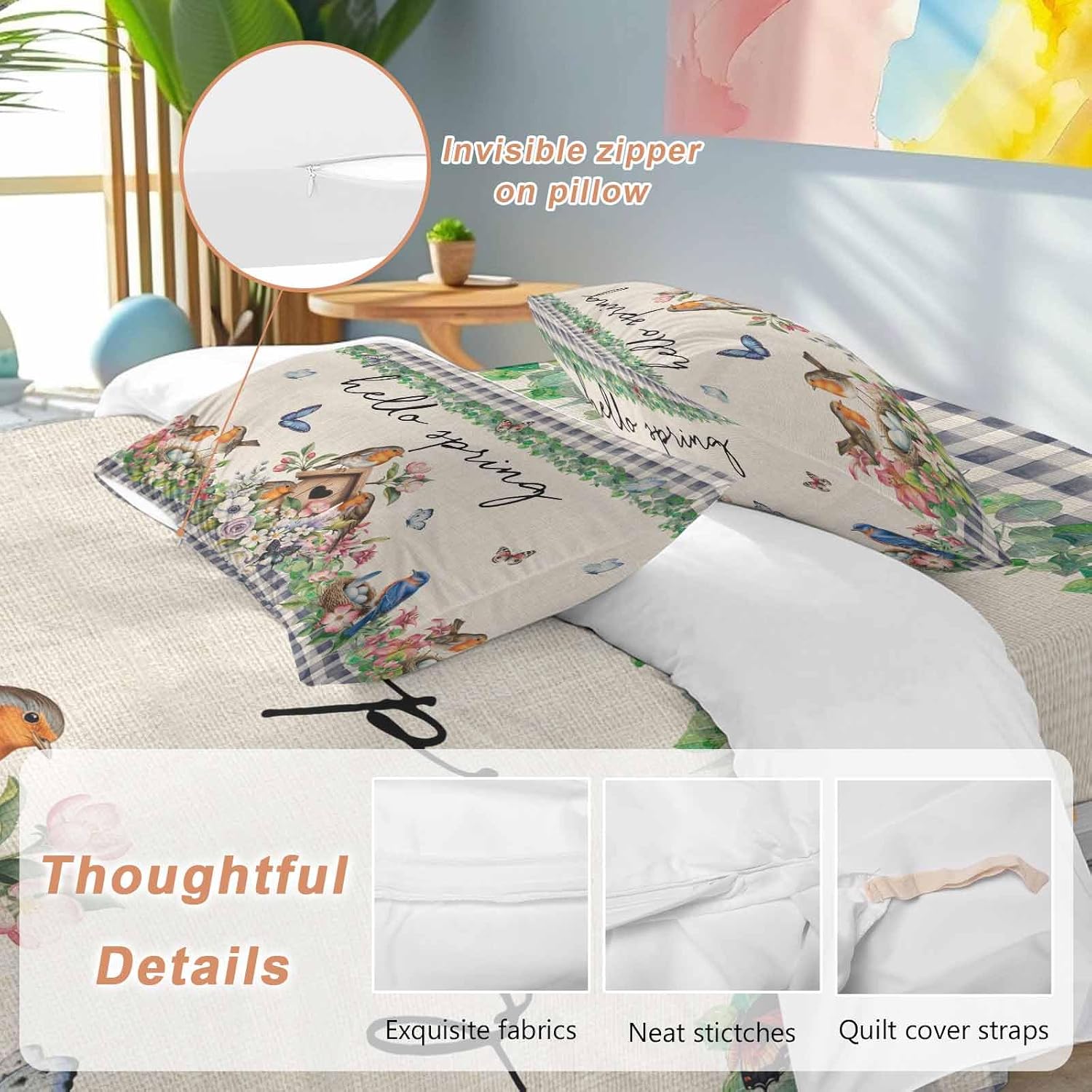 Hello Spring Duvet Cover Set Queen Size 4 Pieces Bird Pink White Flowers Butterflies Vintage Linen Texture Bedding Set with Zipper Closure,1 Comforter Cover 92x106 Inches 1 Flat Sheet & 2 Pillow Cases