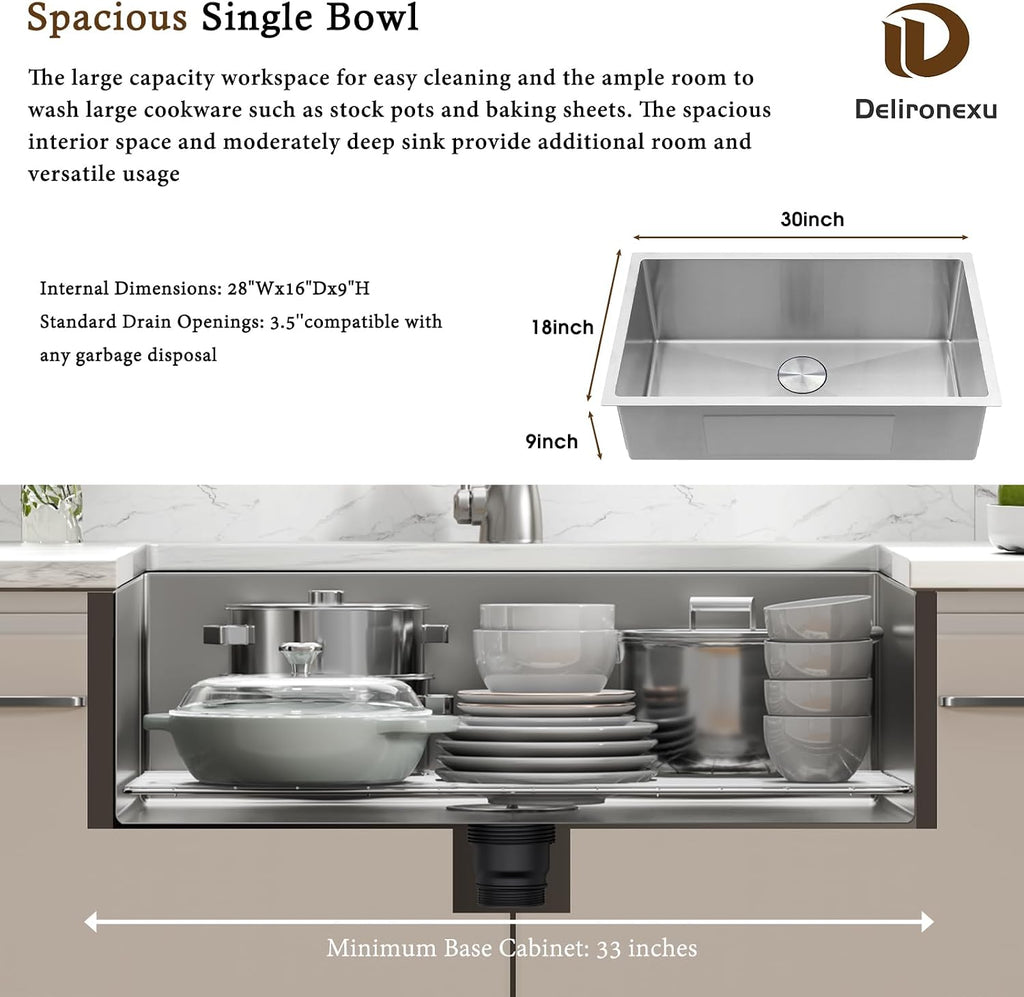 30 Inch Undermount Kitchen Sink - Delironexu 18 Gauge Stainless Steel Single Bowl Kitchen Sinks 30'x18'x9' Handmade Design with Brushed, Includes Drain Kit (No Additional Accessories)