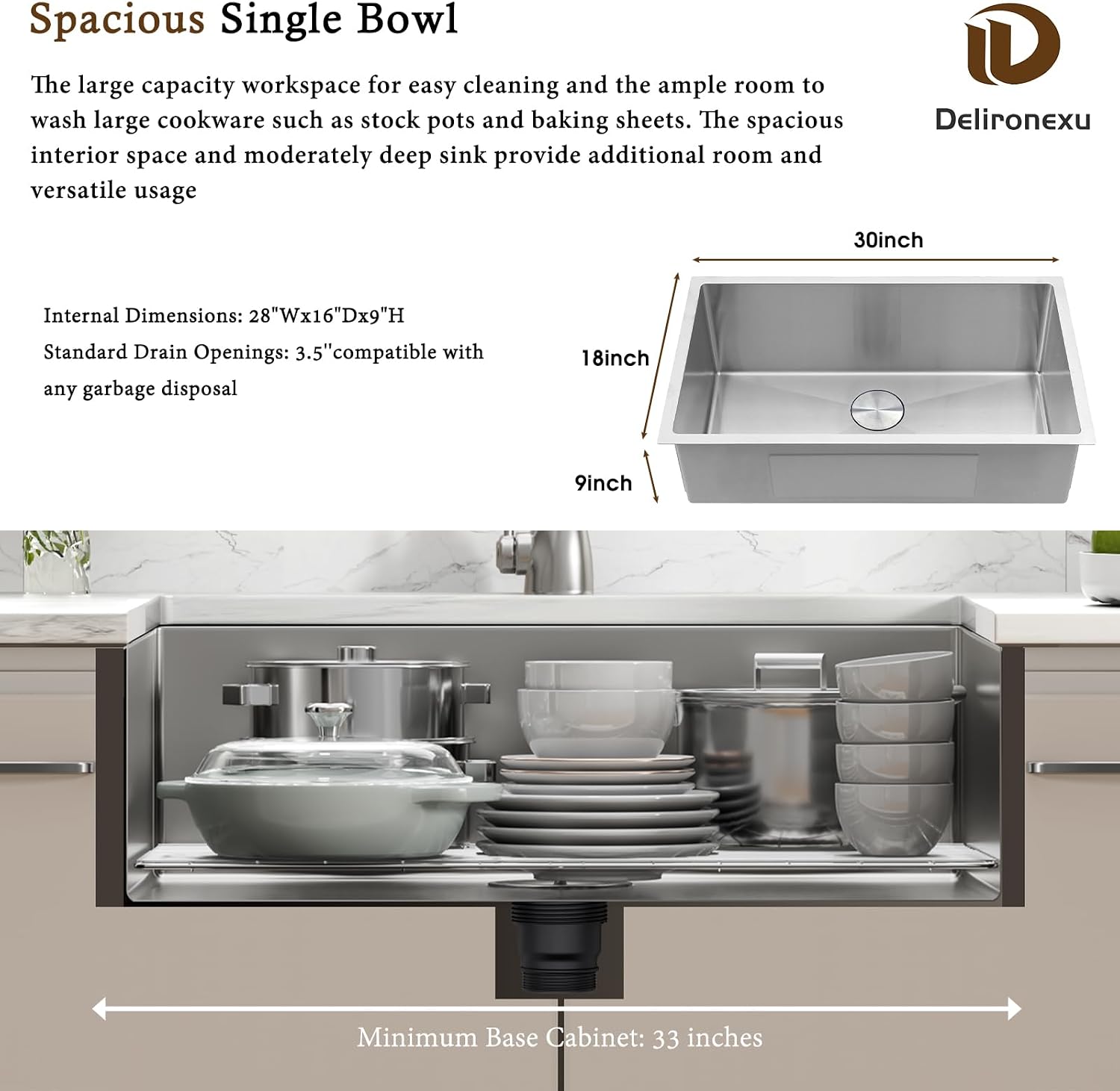 30 Inch Undermount Kitchen Sink - Delironexu 18 Gauge Stainless Steel Single Bowl Kitchen Sinks 30'x18'x9' Handmade Design with Brushed, Includes Drain Kit (No Additional Accessories)