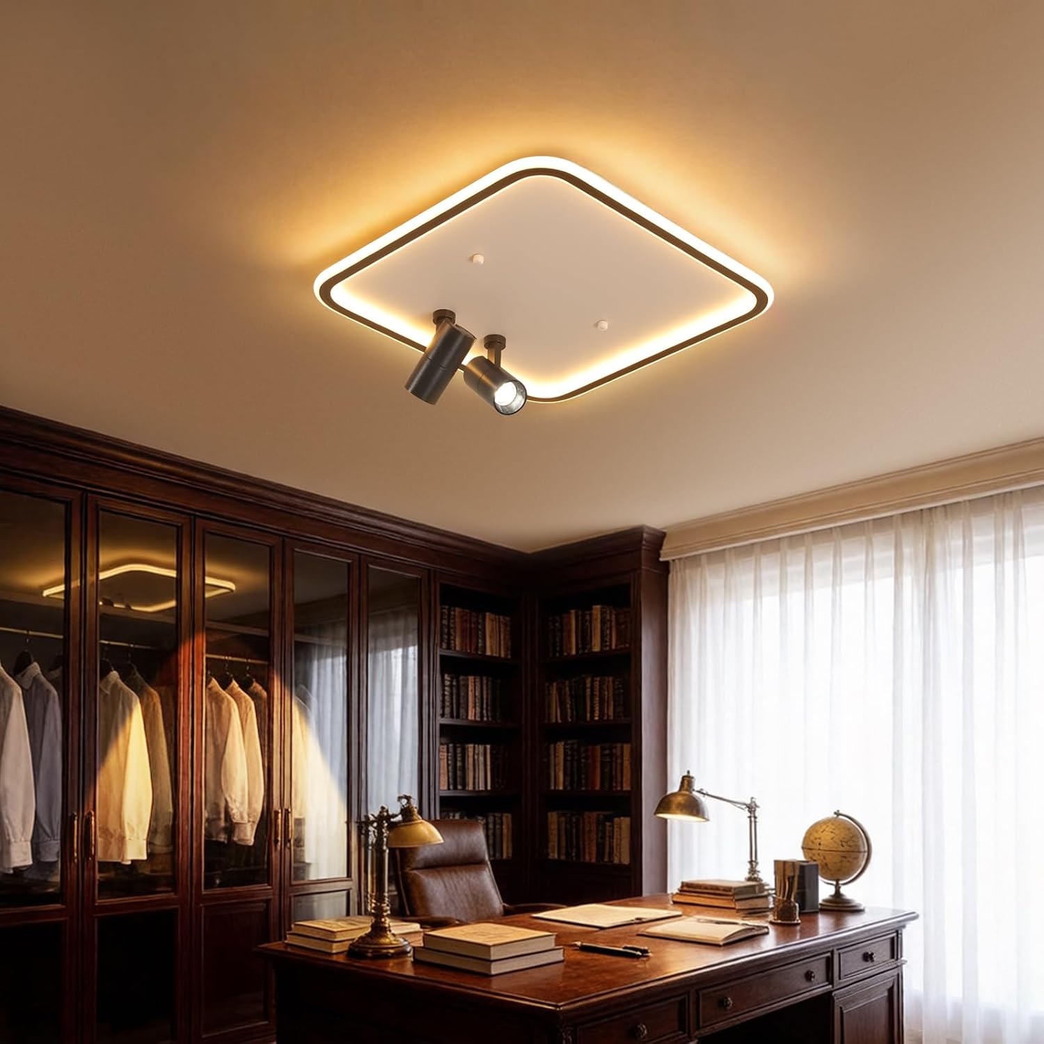 Shine LUEST Modern Square LED Flush Mount Ceiling Light Fixture, 2 Adjustable Spotlights, Black Frame White Shade Minimalist Lighting for Living Room Bedroom Kitchen