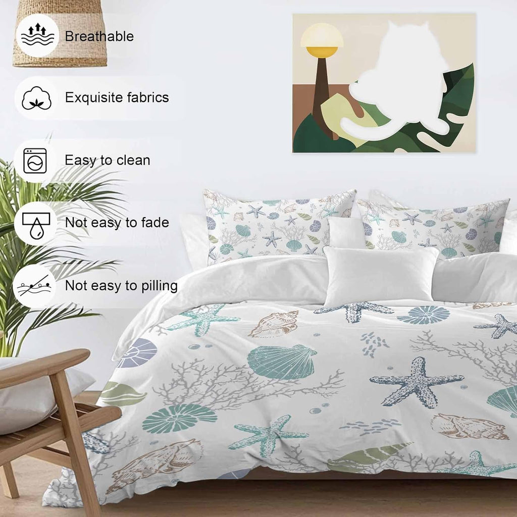 Prime Leader Summer Beach Duvet Cover Set Queen Size 4 Pieces Nautical Starfish Coral Shell Teal Ocean Bedding Set with Zipper Closure, 1 Comforter Cover 92x106 Inches 1 Flat Sheet & 2 Pillow Cases