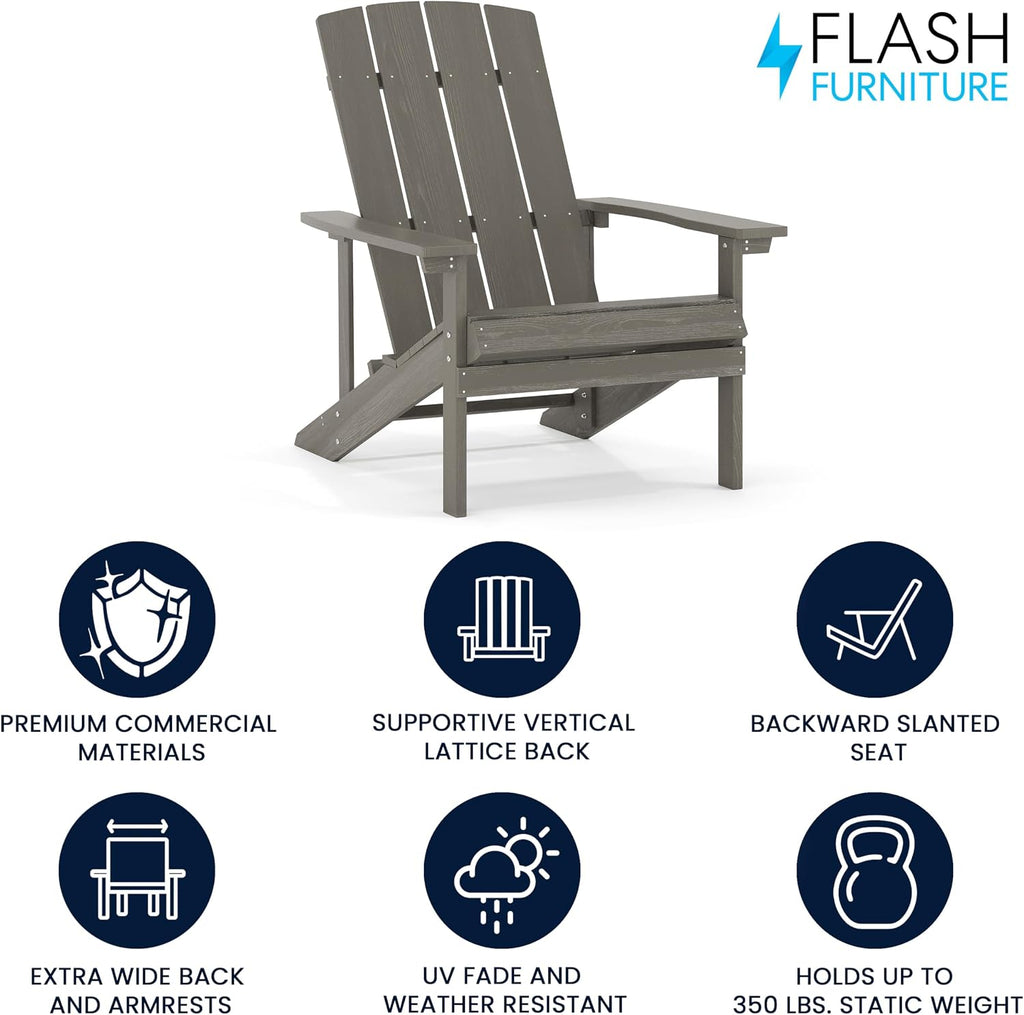 Flash Furniture Charlestown Indoor/Outdoor Faux Wood Adirondack Chair, Weather-Resistant Polyresin Patio Adirondack Chair with 350-lb. Static Weight Capacity, Gray