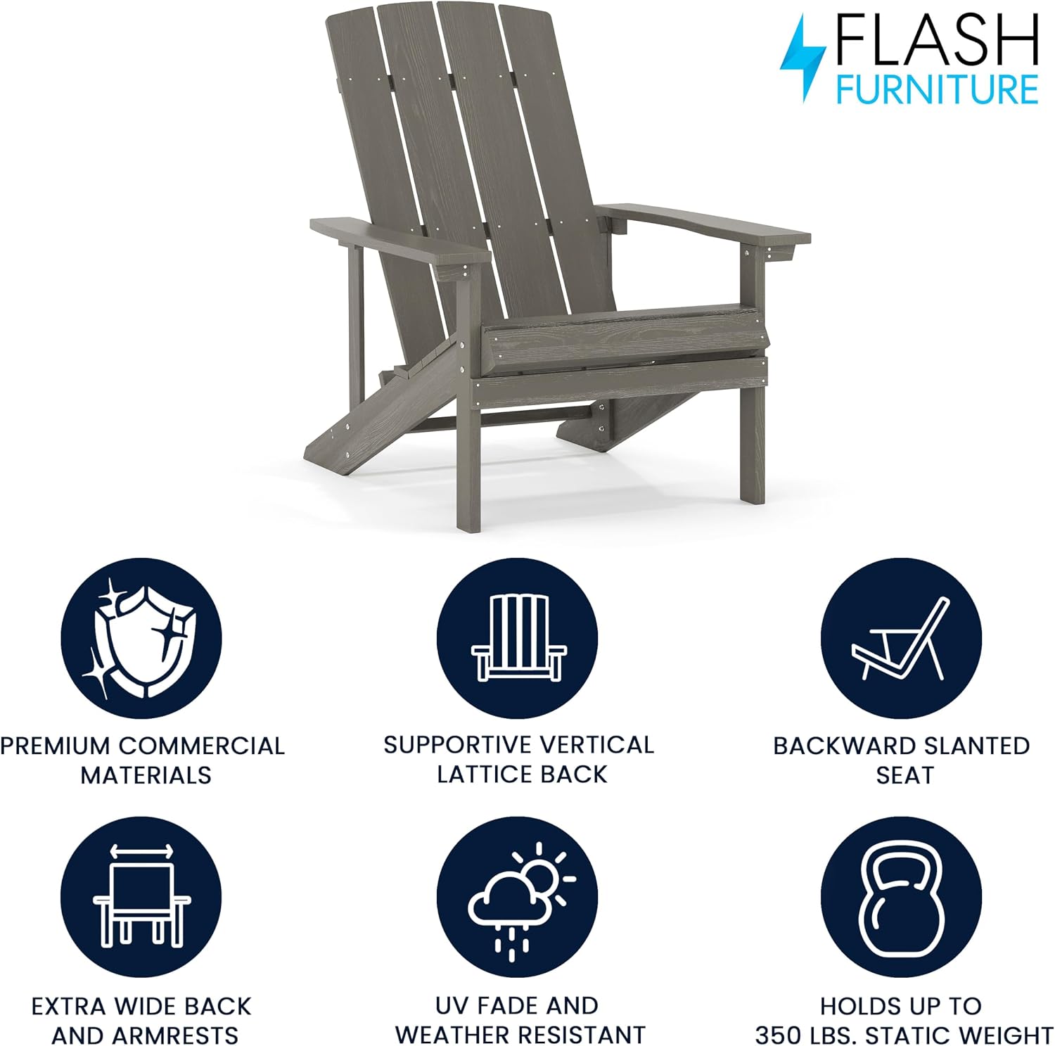 Flash Furniture Charlestown Indoor/Outdoor Faux Wood Adirondack Chair, Weather-Resistant Polyresin Patio Adirondack Chair with 350-lb. Static Weight Capacity, Gray