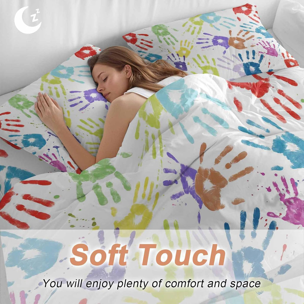 Colorful Cartoon Handprint Duvet Cover Set Queen Size 4 Pieces Cute Watercolor Red Green Blue Graffiti Bedding Set with Zipper Closure, 1 Comforter Cover 90x92 Inches 1 Flat Sheet & 2 Pillow Cases