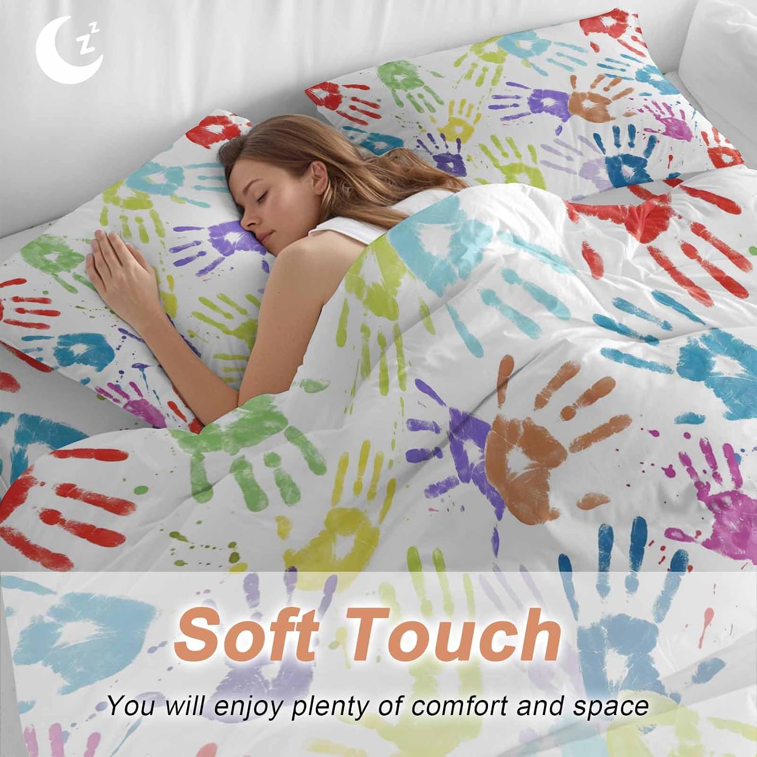 Colorful Cartoon Handprint Duvet Cover Set Queen Size 4 Pieces Cute Watercolor Red Green Blue Graffiti Bedding Set with Zipper Closure, 1 Comforter Cover 90x92 Inches 1 Flat Sheet & 2 Pillow Cases
