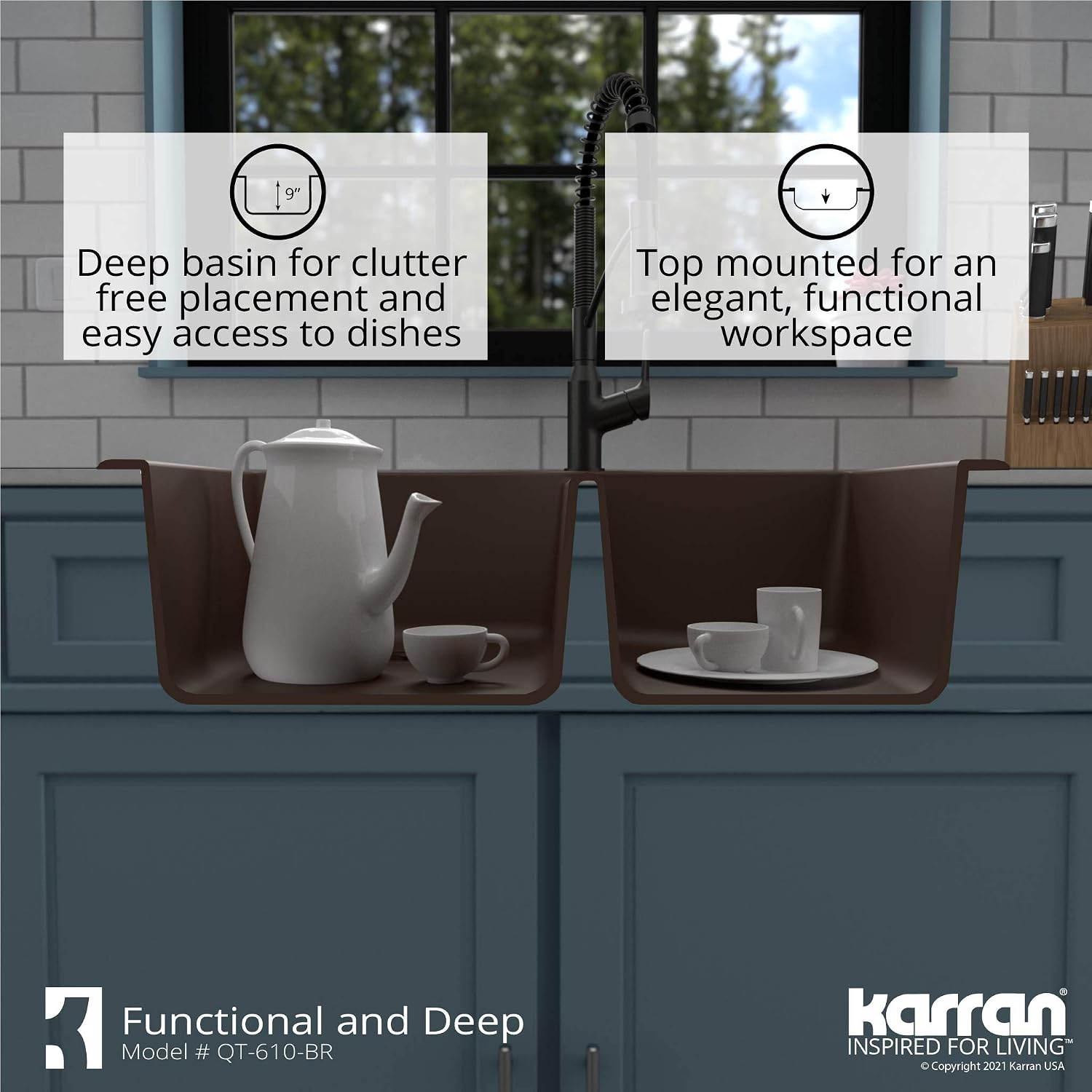 Karran 33' Drop-In/Top Mount Quartz Composite 1-Hole 60/40 Double Bowl Kitchen Sink in Brown