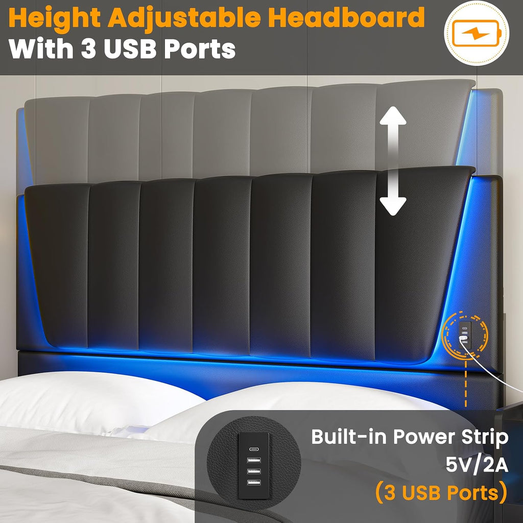 AOGLLATI Full Size Bed Frame with Headboard, 4 Storage Drawers, LED Lights, USB Ports, Wooden Slats Support, No Box Spring Needed