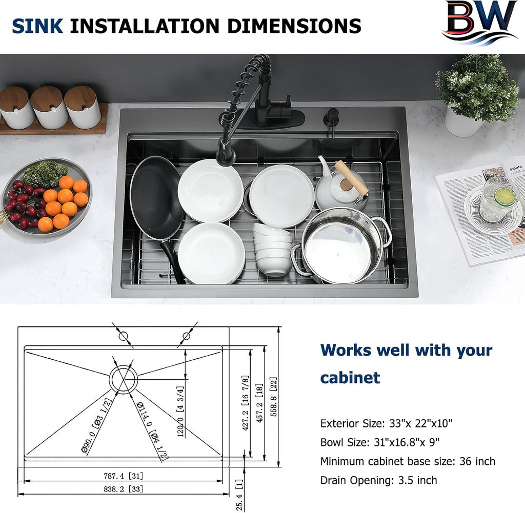 33 x 22 Drop In Kitchen Sink Black Workstation - 16 Gauge Stainless Steel Sinks Handmade 10 Inch Deep Single Bowl Kitchen Sink Top Mount Easy to Clean