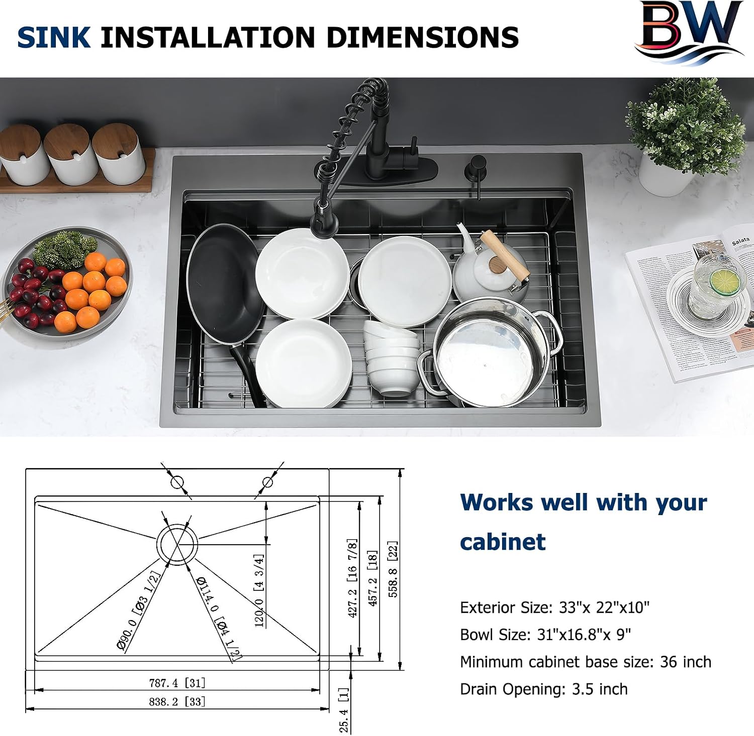 33 x 22 Drop In Kitchen Sink Black Workstation - 16 Gauge Stainless Steel Sinks Handmade 10 Inch Deep Single Bowl Kitchen Sink Top Mount Easy to Clean