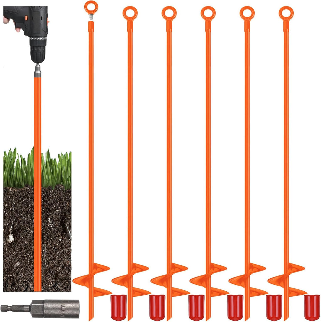 Lasnten 12 Pcs 30 Inch Long Spiral Ground Anchor Heavy Duty Blade Earth Anchor Kit Metal Anchors Hook Beach Sand Stakes Camping for Securing Animals, Shelters, Tents, Canopies (Orange)