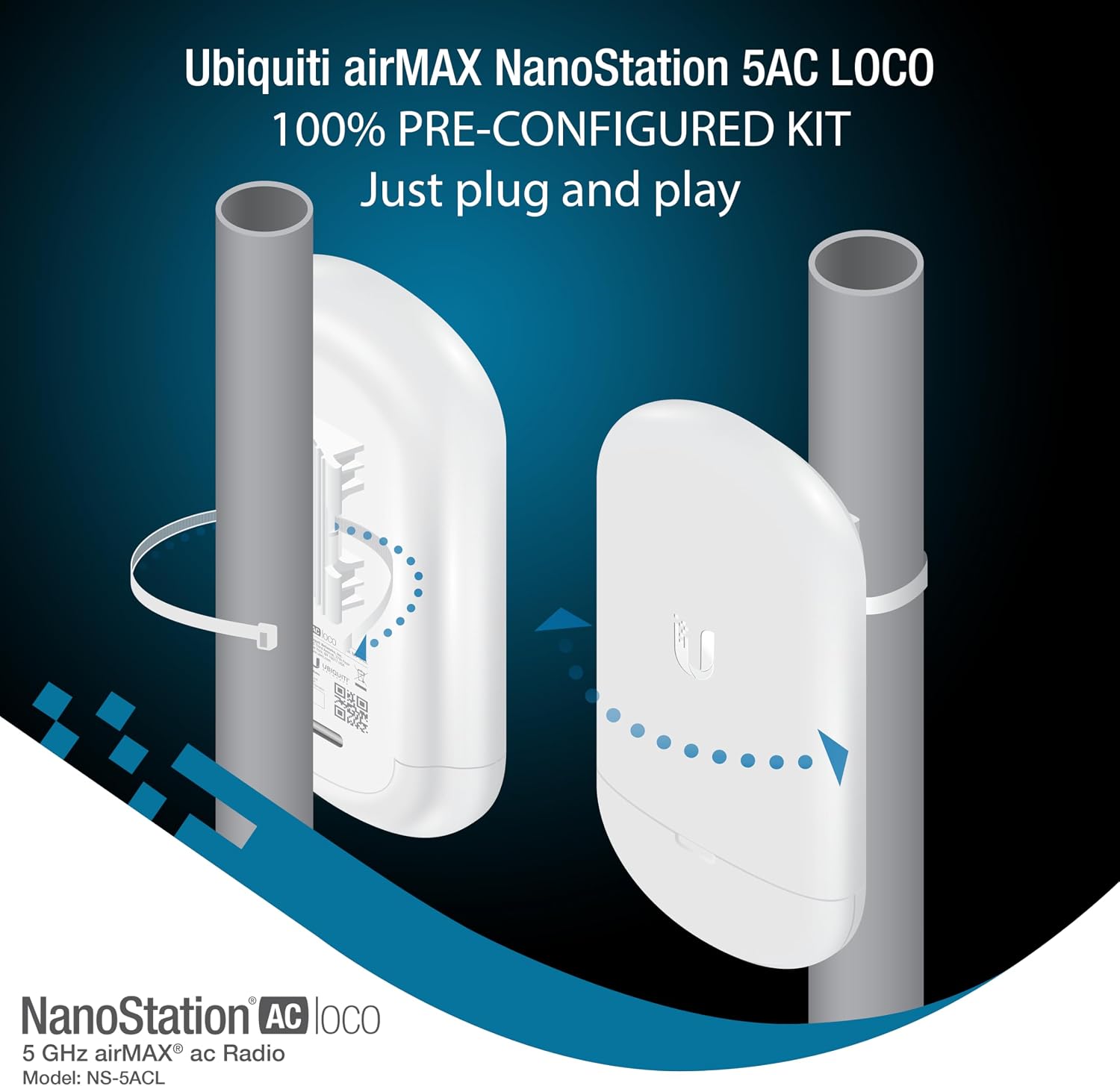 Wireless Bridge Ubiquiti LOCO5AC PRE-CONFIGURED, Bundle of 2 Ubiquiti Nanostation LOCO 5AC, Point to Point Outdoor WiFi Bridge, Plugh and Play, 5GHz, 450+Mbps, 10+km Link Range, Network Bridge
