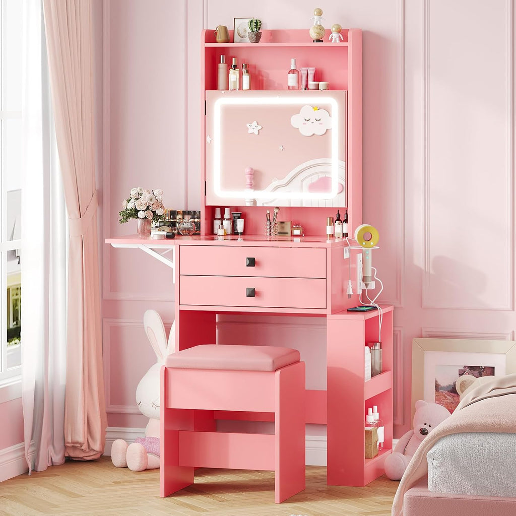 Vabches Small Makeup Vanity Desk, 3 Adjustable Lighted Mirror, White Vanity Set, Fold-up Panel, Charging Station, Glass Top, Drawers, Chair, 2 Hidden Storage Shelves (Pink)
