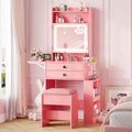 Vabches Small Makeup Vanity Desk, 3 Adjustable Lighted Mirror, White Vanity Set, Fold-up Panel, Charging Station, Glass Top, Drawers, Chair, 2 Hidden Storage Shelves (Pink)