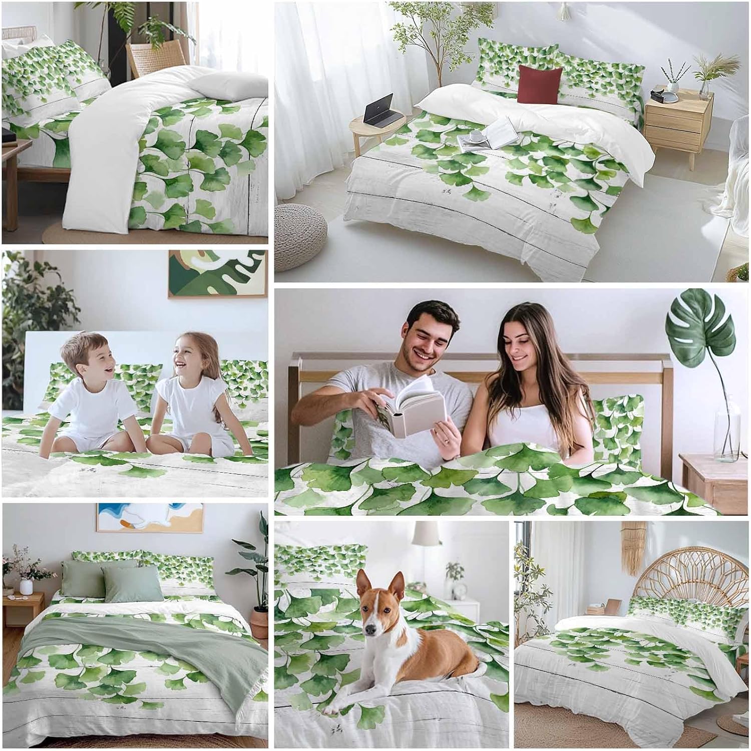 Summer Botanical Duvet Cover Set Queen Size 4 Pieces Watercolor Gradient Green Leaves White Wood Grain Bedding Set with Zipper Closure, 1 Comforter Cover 92x106 Inches 1 Flat Sheet & 2 Pillow Cases