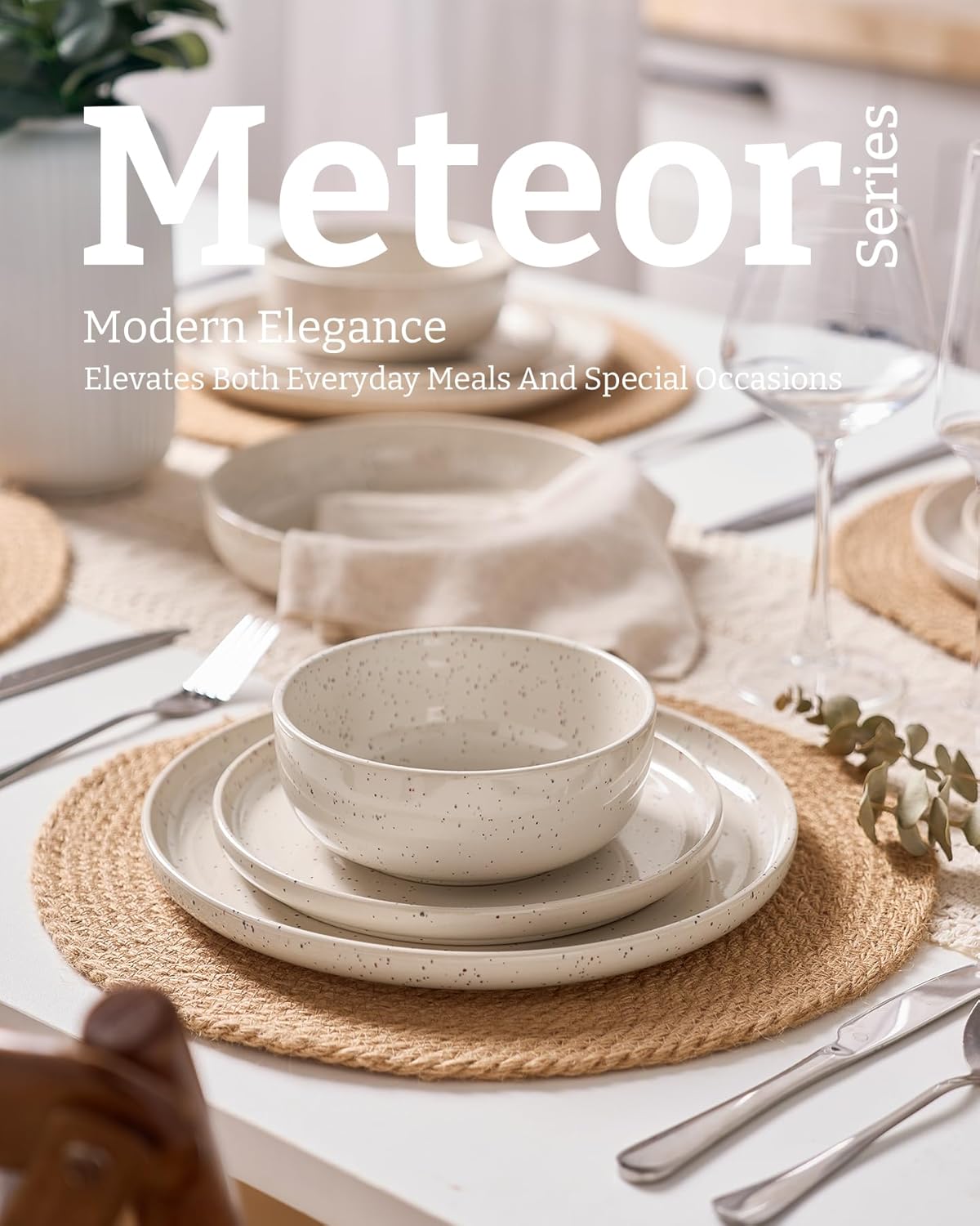 Famiware Meteor Stoneware Dinnerware Sets with Pasta Bowls, Service for 4 (16 Pieces), Plates and Bowls Sets, Microwave and Dishwasher Safe Dishes Set, Creamy White