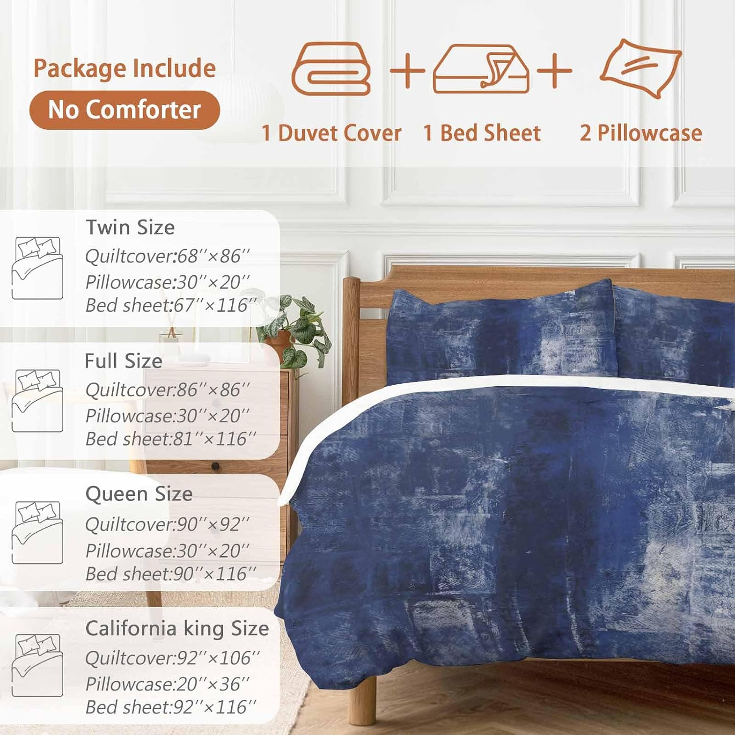 Prime Leader Navy Blue Duvet Cover Set Queen Size 4 Pieces Abstract Art Graffiti Paint Style Bedding Set with Zipper Closure, 1 Comforter Cover 92x106 Inches 1 Flat Sheet & 2 Pillow Cases